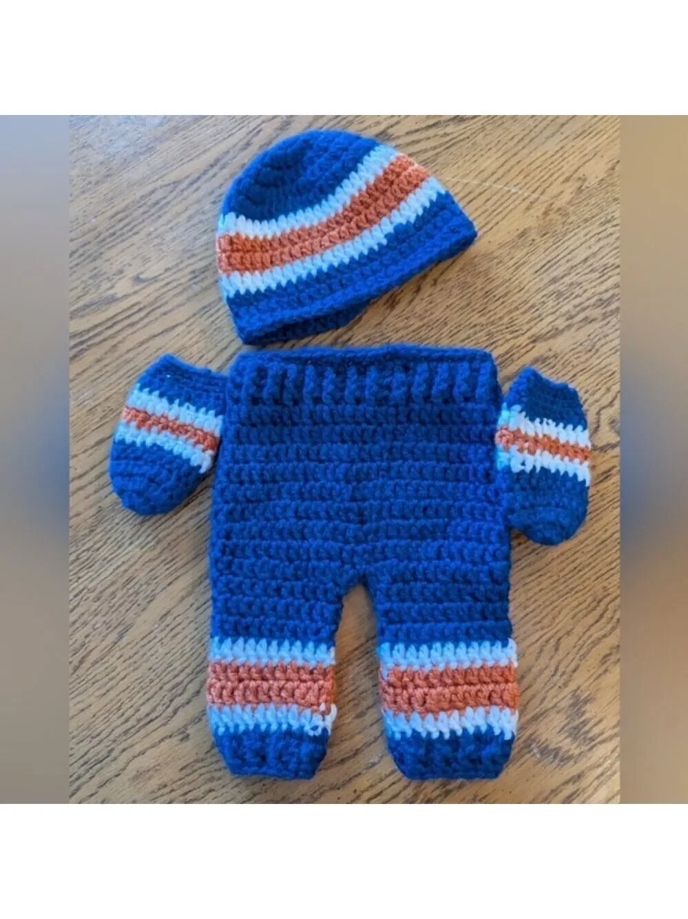 NHL hand-crocheted blue, orange and white HOCKEY infant knit set. 0-3 Months New